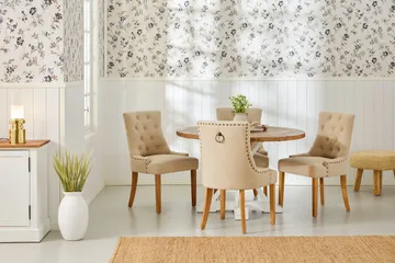 Lyon Spisegruppe Rund med 4 Viktoria Lenestoler - Tre/Hvit/Beige - Møbler - Bord - Spisegruppe