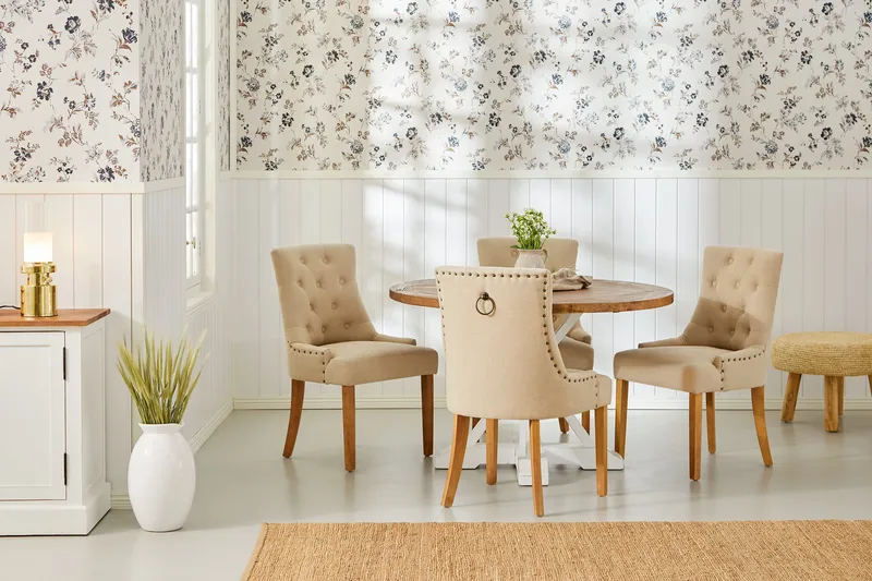 Lyon Spisegruppe Rund med 4 Viktoria Lenestoler - Tre/Hvit/Beige - Møbler - Bord - Spisegruppe