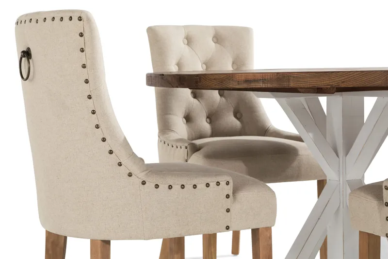 Lyon Spisegruppe Rund med 4 Viktoria Lenestoler - Tre/Hvit/Beige - Møbler - Bord - Spisegruppe