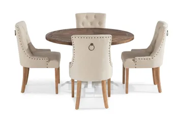 Lyon Spisegruppe Rund med 4 Viktoria Lenestoler - Tre/Hvit/Beige - Møbler - Bord - Spisegruppe