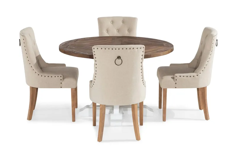Lyon Spisegruppe Rund med 4 Viktoria Lenestoler - Tre/Hvit/Beige - Møbler - Bord - Spisegruppe
