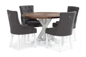 Lyon Spisegruppe Rund med 4 Viktoria Lenestoler - Tre/Hvit/Grå - Møbler - Bord - Spisegruppe