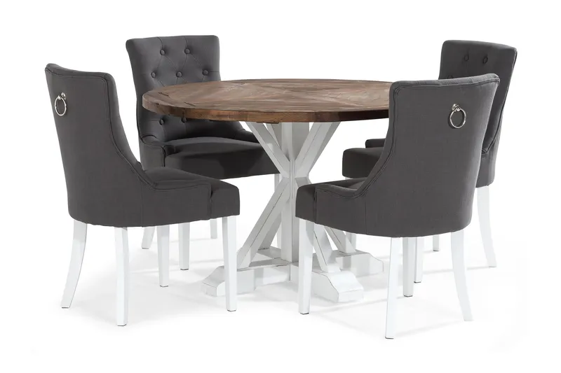 Lyon Spisegruppe Rund med 4 Viktoria Lenestoler, Tre/Hvit/Grå