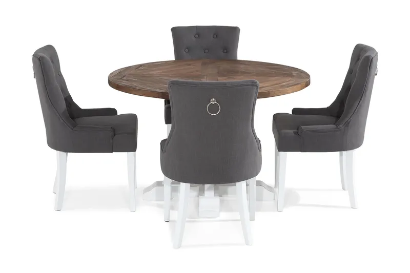 Lyon Spisegruppe Rund med 4 Viktoria Lenestoler - Tre/Hvit/Grå - Møbler - Bord - Spisegruppe