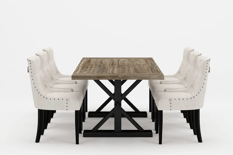 Lyon Premium Spisegruppe 200-290 cm + 6 Viktoria Stoler, Hvit/Brun