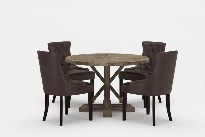 Lyon Premium Spisegruppe Rund 120 cm+4 stk Tuva Spisestoler, Mørkebrun/Brun