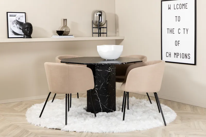 Marbs Spisegruppe 110 cm Rund inkl. 4 Berita Stoler, Svart/Beige