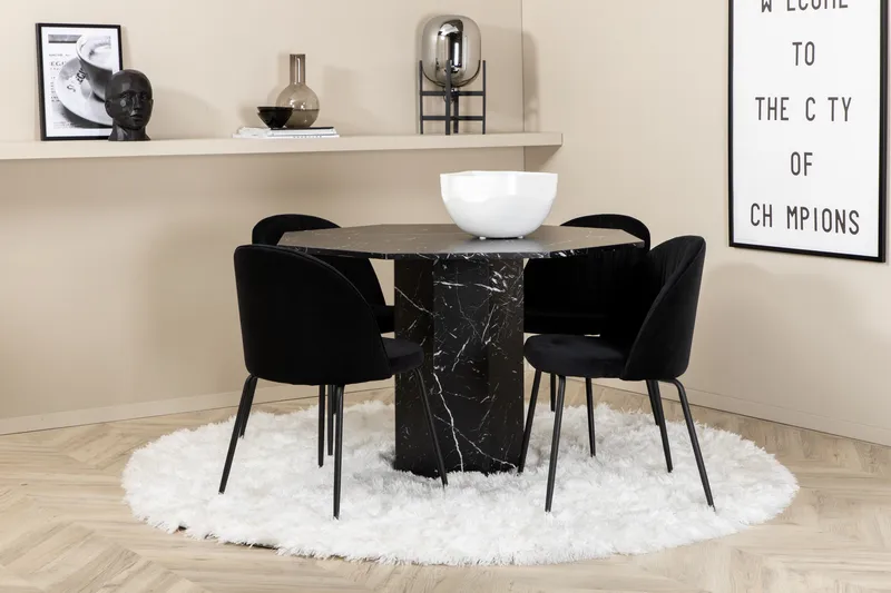 Marbs Spisegruppe 110 cm Rund inkl. 4 Foyos Stoler, Svart
