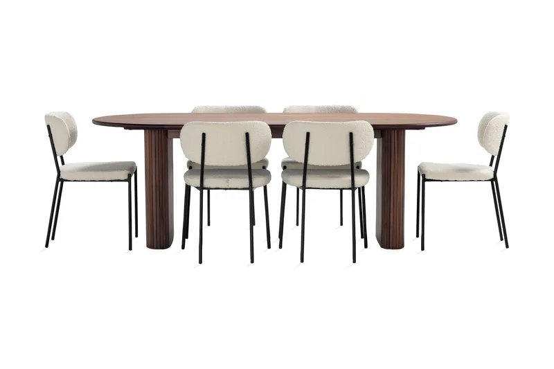 Noira Ovalt Spisebord 220 cm Valnøtt med 6 Gemmiano Spisestoler - Brun / Teddy / Tre - Møbler - Bord - Spisegruppe