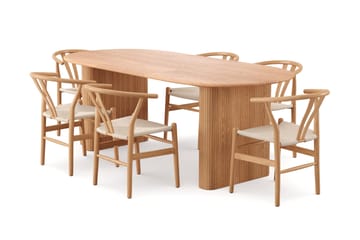Noira spisegruppe, uttrekkbar 160–220 cm, eik med 6 Dastoori spisestoler - Eik - Møbler - Bord - Spisegruppe