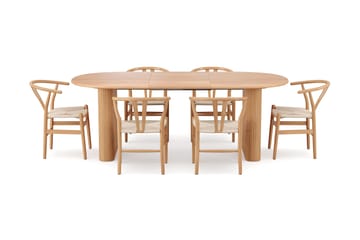 Noira spisegruppe, uttrekkbar 160–220 cm, eik med 6 Dastoori spisestoler - Eik - Møbler - Bord - Spisegruppe