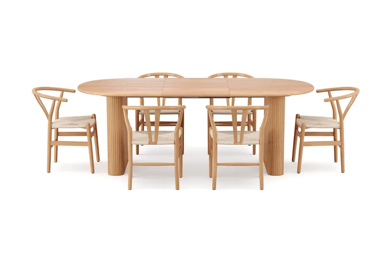 Noira spisegruppe, uttrekkbar 160–220 cm, eik med 6 Dastoori spisestoler - Eik - Møbler - Bord - Spisegruppe