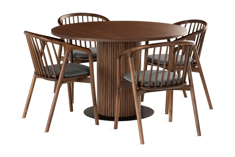 Noira Spisegruppe 120 cm Rundt Spisebord med 4 Noira Stoler, Valnøtt