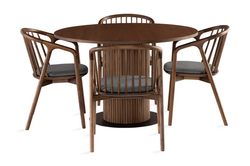 Noira Spisegruppe 120 cm Rundt Spisebord med 4 Noira Stoler - Valnøtt - Møbler - Bord - Spisegruppe