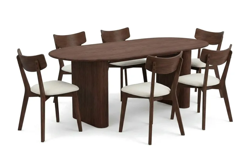 Noira spisegruppe 220 cm rektangulær i valnøtt med 6 Amelia spisestoler med pute, Valnøtt/Beige