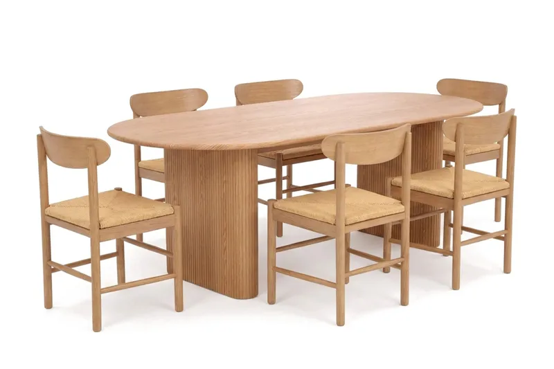 Noira spisegruppe rektangulær 220 cm eik med 6 Malte spisestoler