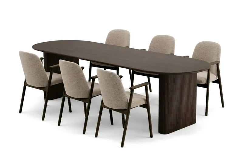 Noira spisegruppe uttrekkbar 220–320 cm røkt eik med 6 Reciclar spisestoler, Røkt eik