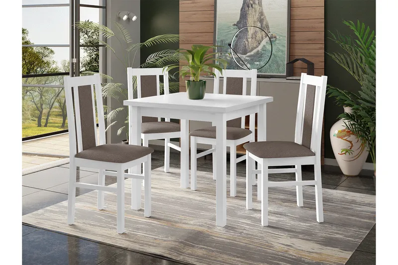 Patrickswell kvadratisk spisegruppe 80x80 cm – Spisebord med 4 spisestoler i tre med polstret rygg - Hvit|Gråbrun - Møbler - Bord - Spisegruppe