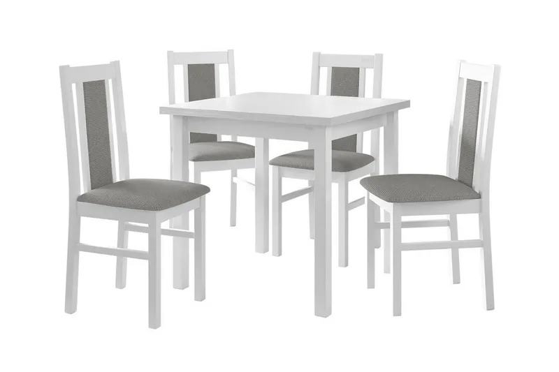 Patrickswell kvadratisk spisegruppe 80x80 cm – Spisebord med 4 spisestoler i tre med polstret rygg, Hvit|Grå