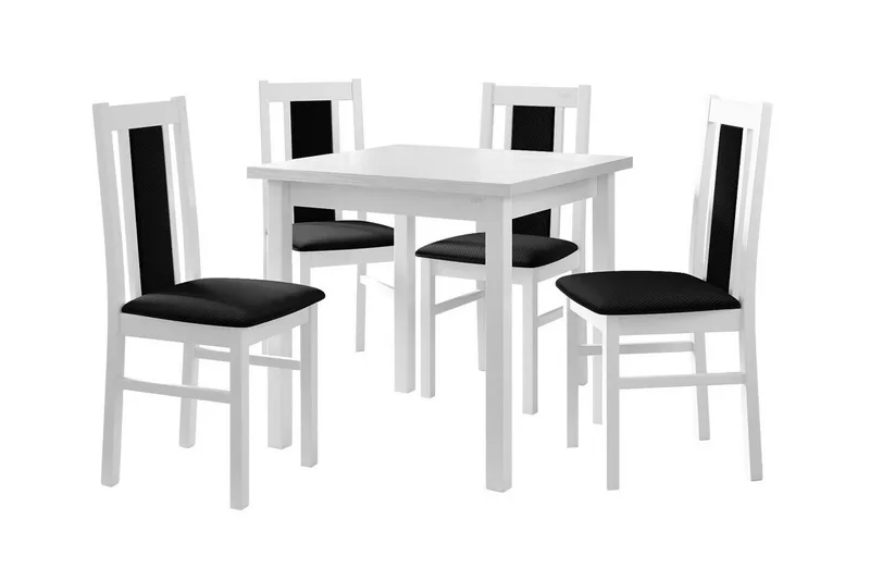 Patrickswell kvadratisk spisegruppe 80x80 cm – Spisebord med 4 spisestoler i tre med polstret rygg, Hvit|Svart