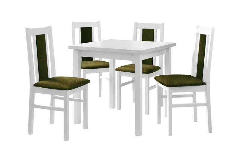 Patrickswell kvadratisk spisegruppe 80x80 cm – Spisebord med 4 spisestoler i tre med polstret rygg, Hvit|Olivengrønn