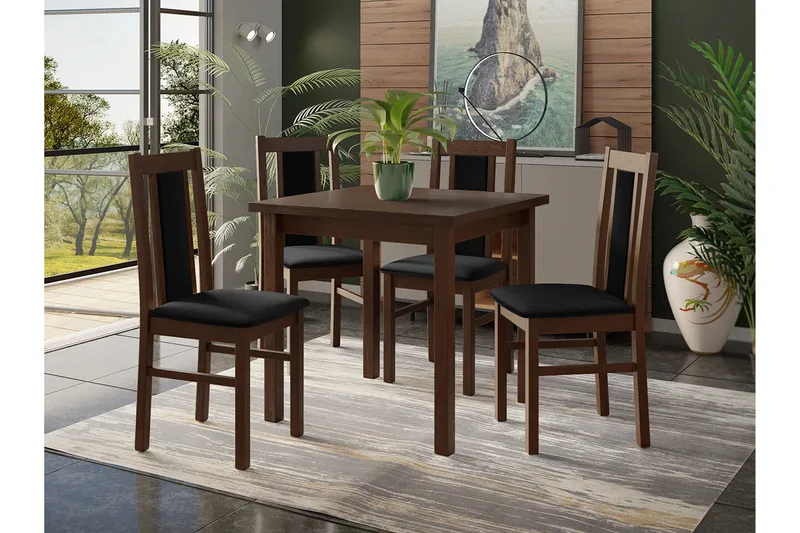 Patrickswell Kvadratisk Spisegruppe 80x80 cm – Spisebord med 4 Spisestoler med Trukket Rygg i Tre - Mørkebrun|Svart - Møbler - Bord - Spisegruppe