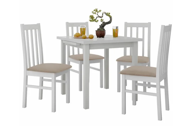 Patrickswell kvadratisk uttrekkbar spisegruppe 80–110 cm – Spisebord med 4 spisestoler i tre med høy spilerygg, Hvit|Beige