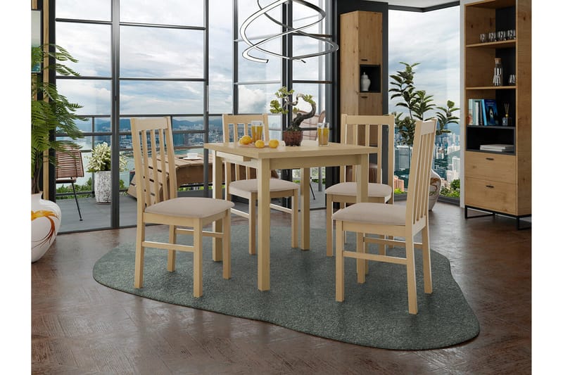 Patrickswell kvadratisk uttrekkbar spisegruppe 80–110 cm – Spisebord med 4 spisestoler i tre med høy spilerygg - Natur|Beige - Møbler - Bord - Spisegruppe