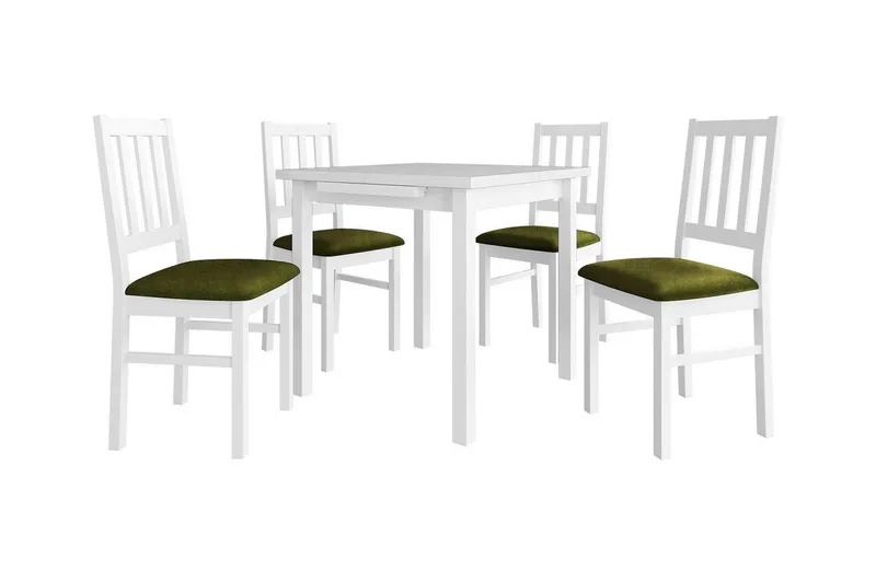 Patrickswell kvadratisk uttrekkbar spisegruppe 80–110 cm – Spisebord med 4 spisestoler i tre med spilerygg, Hvit|Olivengrønn