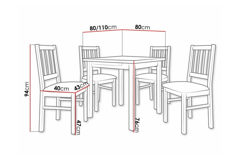 Patrickswell kvadratisk uttrekkbar spisegruppe 80–110 cm – Spisebord med 4 spisestoler i tre med spilerygg - Hvit|Svart - Møbler - Bord - Spisegruppe