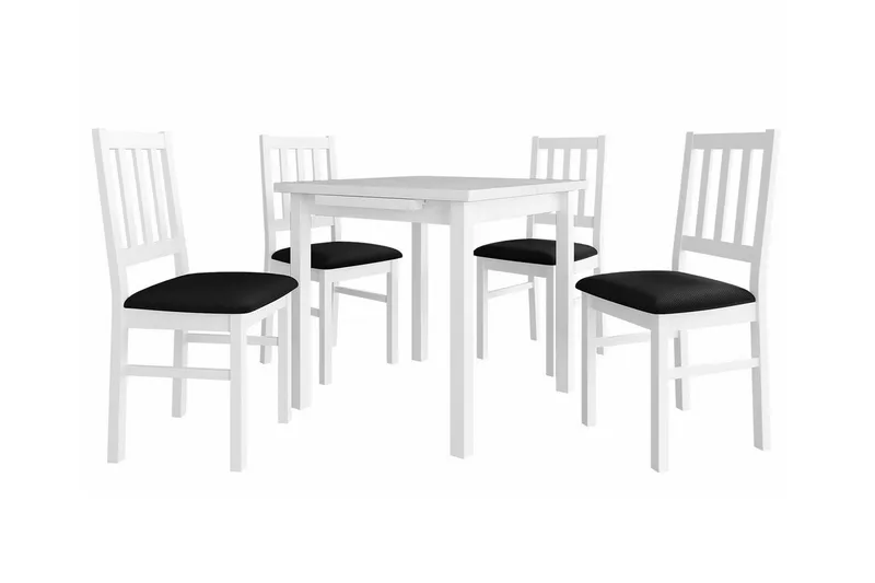 Patrickswell kvadratisk uttrekkbar spisegruppe 80–110 cm – Spisebord med 4 spisestoler i tre med spilerygg, Hvit|Svart