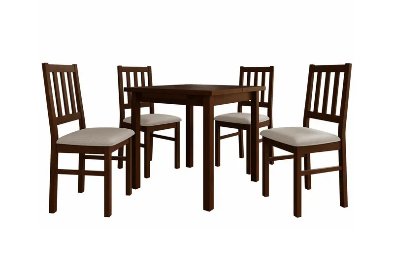 Patrickswell kvadratisk uttrekkbar spisegruppe 80–110 cm – Spisebord med 4 spisestoler i tre med spilerygg, Mørkebrun|Beige