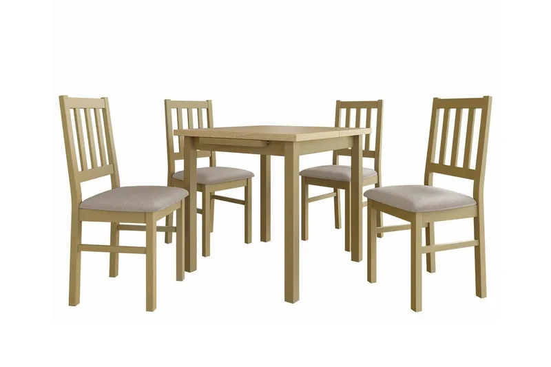 Patrickswell kvadratisk uttrekkbar spisegruppe 80–110 cm – Spisebord med 4 spisestoler i tre med spilerygg, Natur|Beige