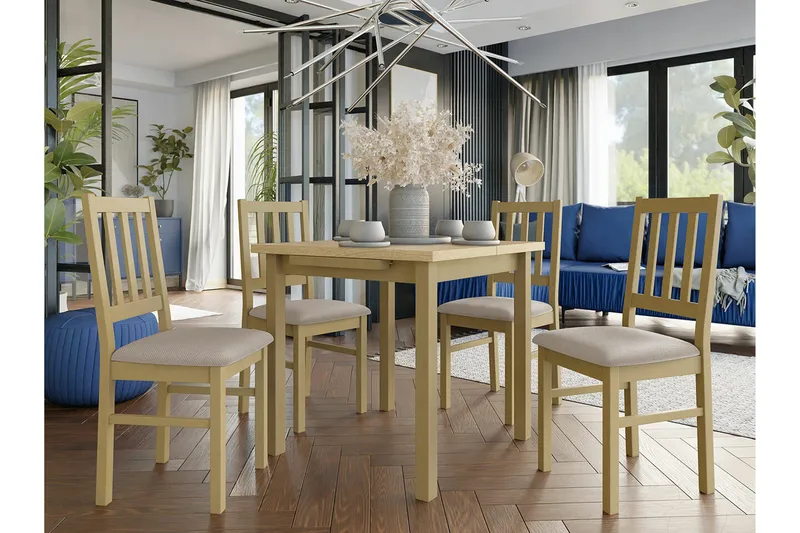 Patrickswell kvadratisk uttrekkbar spisegruppe 80–110 cm – Spisebord med 4 spisestoler i tre med spilerygg - Natur|Beige - Møbler - Bord - Spisegruppe