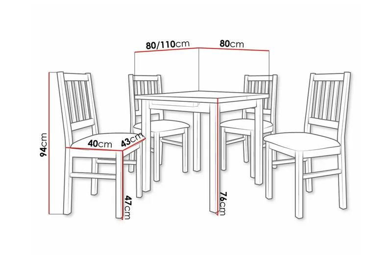 Patrickswell kvadratisk uttrekkbar spisegruppe 80–110 cm – Spisebord med 4 spisestoler i tre med spilerygg - Natur|Mørkegrå - Møbler - Bord - Spisegruppe