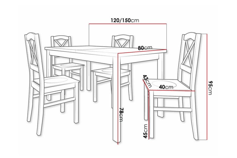 Patrickswell rektangulær uttrekkbar spisegruppe 120–150 cm – Spisebord med hvit bordplate og 4 spisestoler med kryssrygg i tre - Natur - Møbler - Bord - Spisegruppe