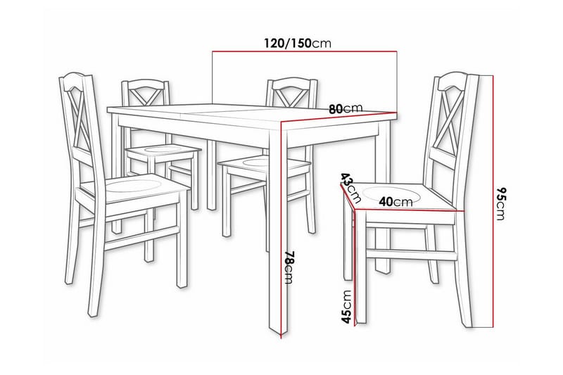 Patrickswell Rektangulær Uttrekkbar Spisegruppe 120–150 cm – Spisebord med Hvit Plate og 4 Spisestoler med Kryssrygg i Tre - Hvit - Møbler - Bord - Spisegruppe