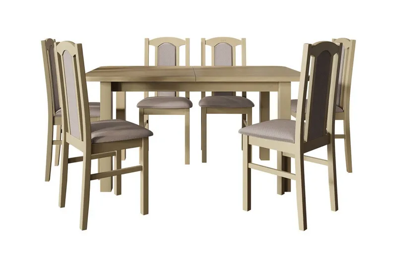 Patrickswell rektangulær uttrekkbar spisegruppe 140–180 cm – Spisebord med 6 spisestoler med polstret rygg i tre - Natur|Beige - Møbler - Bord - Spisegruppe