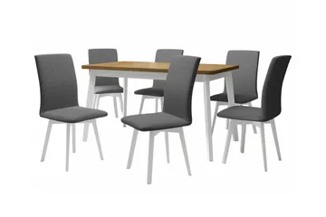Patrickswell Rektangulær Uttrekkbar Spisegruppe 140–180 cm – Spisebord med Eikeutseende og 6 Kledde Spisestoler med Vinklede Ben - Hvit|Grå|Lysebrun - Møbler - Bord - Spisegruppe