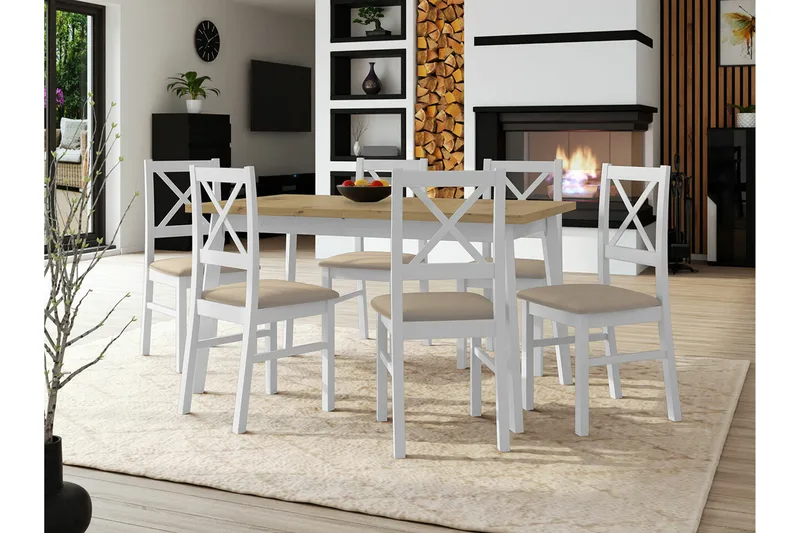 Patrickswell rektangulær uttrekkbar spisegruppe 140–180 cm – Spisebord med eikeutseende og 6 spisestoler med kryssrygg i tre - Hvit|Beige|Natur - Møbler - Bord - Spisegruppe