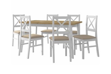 Patrickswell rektangulær uttrekkbar spisegruppe 140–180 cm – Spisebord med eikeutseende og 6 spisestoler med kryssrygg i tre - Hvit|Beige|Natur - Møbler - Bord - Spisegruppe