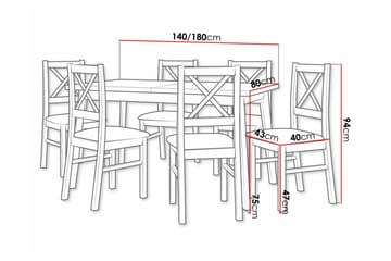 Patrickswell rektangulær uttrekkbar spisegruppe 140–180 cm – Spisebord med eikeutseende og 6 spisestoler med kryssrygg i tre - Svart|Beige|Natur - Møbler - Bord - Spisegruppe
