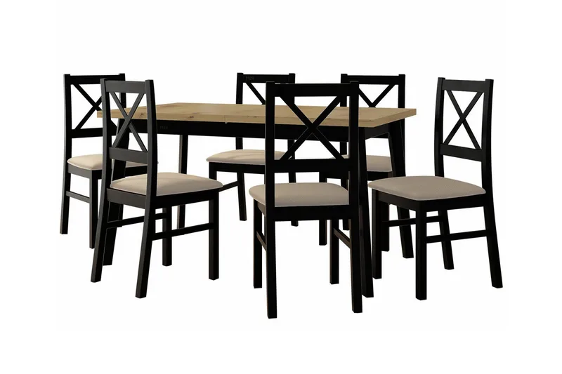 Patrickswell rektangulær uttrekkbar spisegruppe 140–180 cm – Spisebord med eikeutseende og 6 spisestoler med kryssrygg i tre, Svart|Beige|Natur