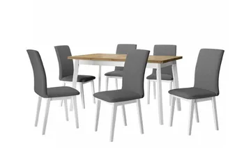 Patrickswell Rektangulær Uttrekkbar Spisegruppe 140–180 cm – Spisebord med Eikeutseende og 6 Trukne Spisestoler med Rette Bein - Hvit|Grå|Natur - Møbler - Bord - Spisegruppe