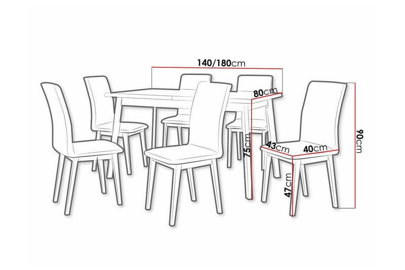 Patrickswell Rektangulær Uttrekkbar Spisegruppe 140–180 cm – Spisebord med Eikeutseende og 6 Trukne Spisestoler med Rette Bein - Svart|Mørkebrun|Brun - Møbler - Bord - Spisegruppe