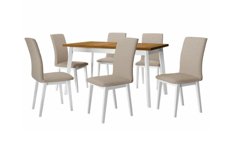 Patrickswell Rektangulær Uttrekkbar Spisegruppe 140–180 cm – Spisebord med Eikeutseende og 6 Trukne Spisestoler med Rette Ben, Hvit|Beige|Brun