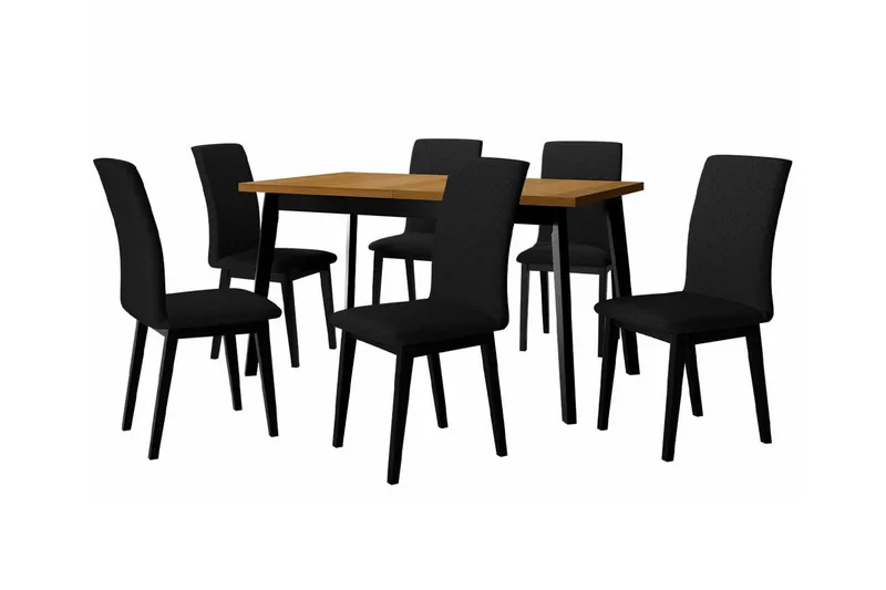 Patrickswell Rektangulær Uttrekkbar Spisegruppe 140–180 cm – Spisebord med Eikeutseende og 6 Trukne Spisestoler med Rette Ben, Svart|Brun