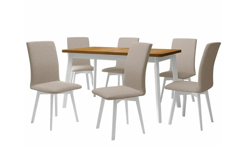 Patrickswell Rektangulær Uttrekkbar Spisegruppe 140–180 cm – Spisebord med Eikeutseende og 6 Trukne Spisestoler med Skrå Bein, Hvit|Beige|Brun