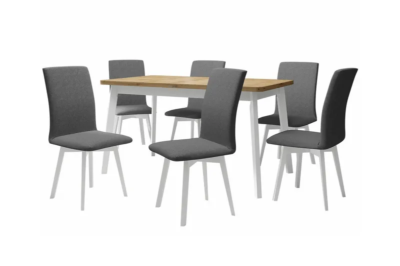 Patrickswell Rektangulær Uttrekkbar Spisegruppe 140–180 cm – Spisebord med Eikeutseende og 6 Trukne Spisestoler med Skrå Bein, Hvit|Grå|Natur