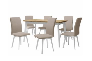 Patrickswell Rektangulær Uttrekkbar Spisegruppe 140–180 cm – Spisebord med Eikeutseende og 6 Trukne Spisestoler med Skrå Ben - Hvit|Beige|Natur - Møbler - Bord - Spisegruppe